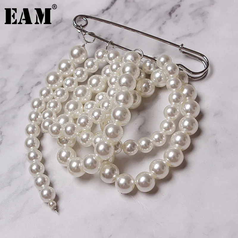 

[EAM] 2019 Spring Summer Woman New Listing Temperament Solid Color Pik Stitch Imitation Round Pearl Long Brooch Decoration LD678