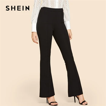 

SHEIN Black Vintage Solid Contrast Binding Flare Leg Elastic Waist Elegant Pants Autumn Office Lady Workwear Women Trousers