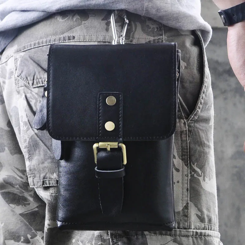 

Oil Wax Leather Small Messenger Bags black/coffee Men's Cow Leather hook Waist Pack casual Shoulder for Mobile Phone Bag
