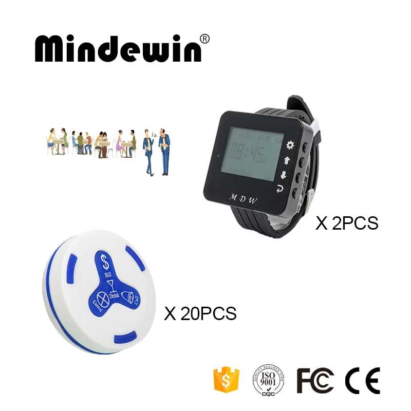 

Mindewin 433MHz Wireless Caller 2PCS Watch Pager M-W-1 and 20PCS Table Call Button M-K-4 Paging System For Restaurant Or Hotel