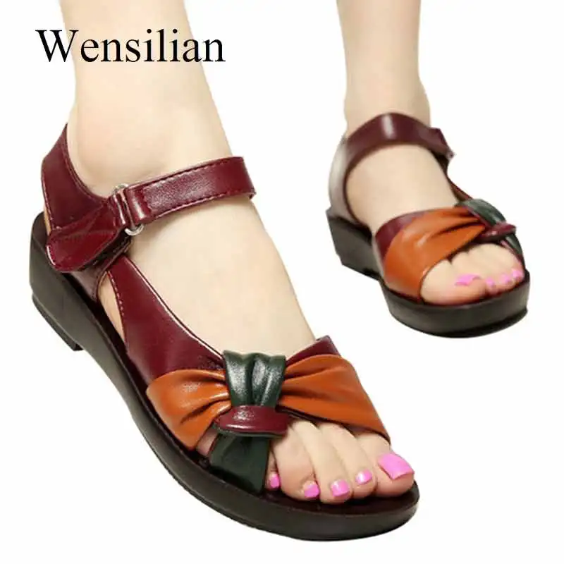 

Summer Genuine Leather Flat Sandals Women Hook Loop Sandals Mother Butterfly Knot Soft Ladies Beach Shoes Zapatos Mujer