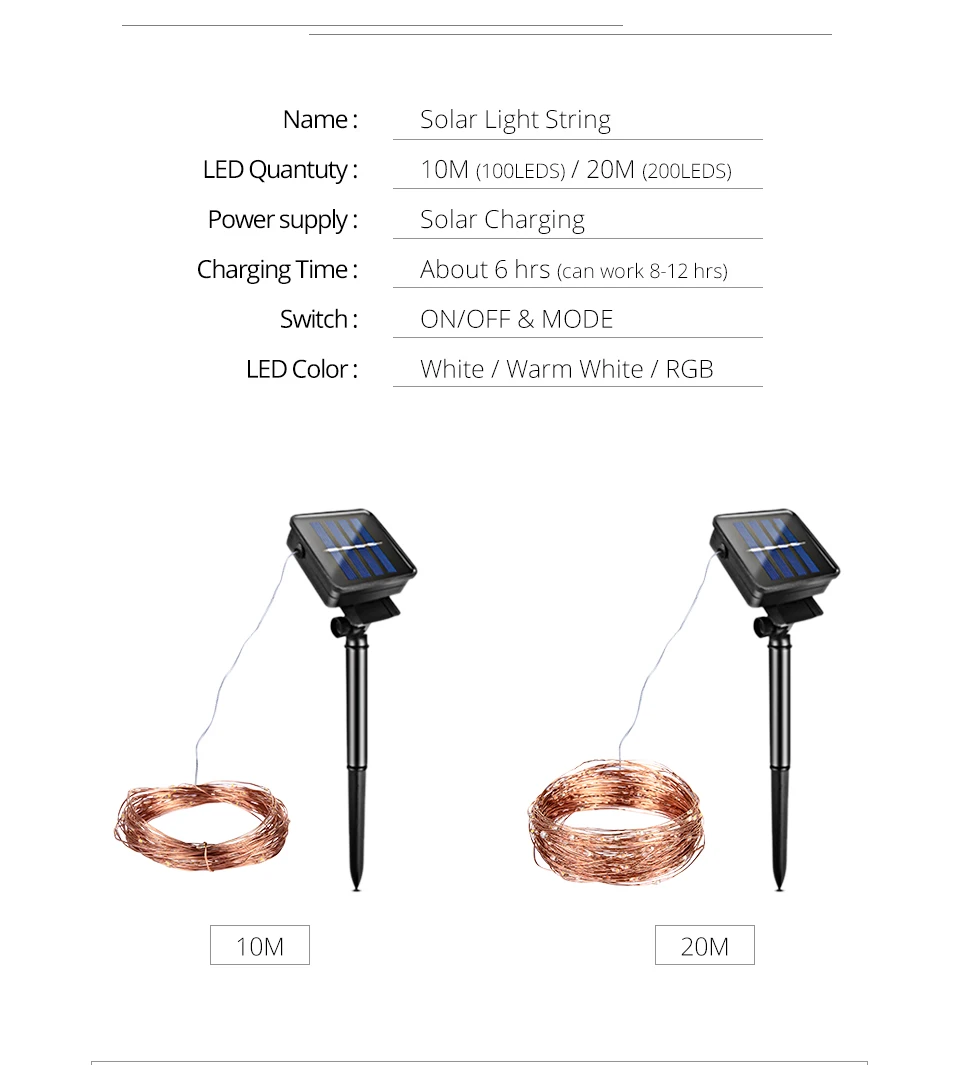 200 светодиодный s Солнечный светодиодный медный струнный свет 10/20 метров IP65 водонепроницаемый Рождественский Сказочный свет Новогодняя гирлянда наружная садовая лужайка