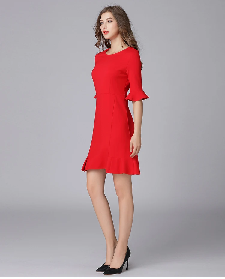 Женское платье больших размеров, L-5XL, высококачественное весенне-летнее платье с расклешенным рукавом, гофрированным низом выше колена, модное милое красное платье