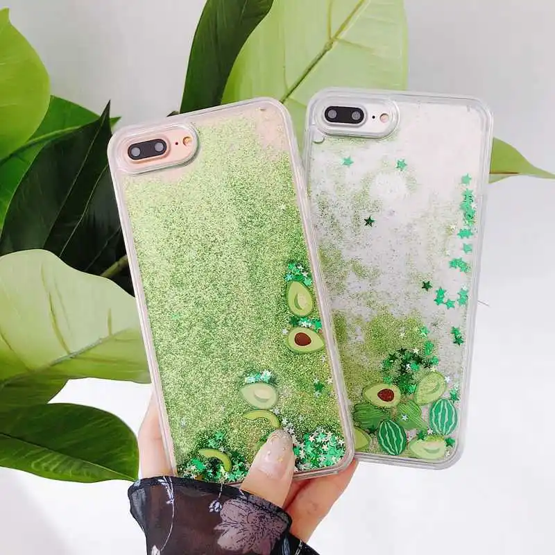 

Bling Glitter watermelon Avocado Phone Case For iPhone X 8 7 6 Flowing Liquid fruit Back Cover For iPhone 6 7 8 6S plus