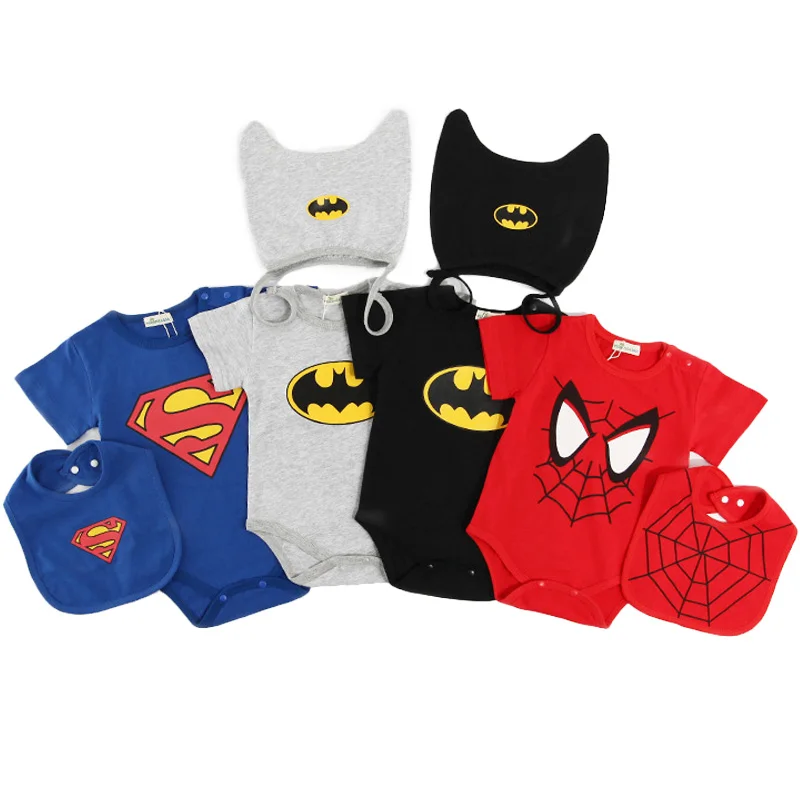 

2019 Summer Newborn Baby Boys Rompers Spider man Batman Romper + Bibs Baby Cartoon Jumpsuit Kids Clothing Toddler Boys Clothes