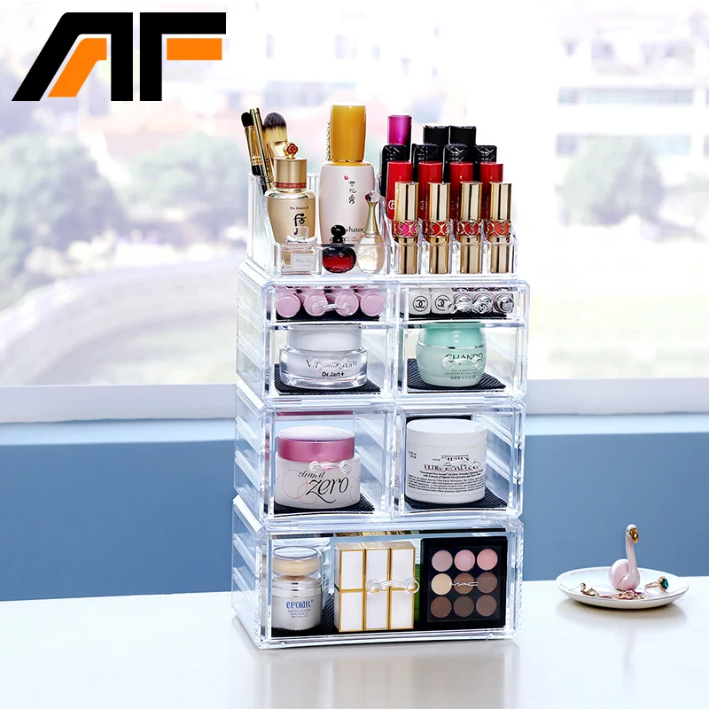 

AFAcrylic Cosmetics Makeup and Jewelry Storage Case Display Set 3 Large and 4 Small Drawer Case With Lipstick Organizer Top C198