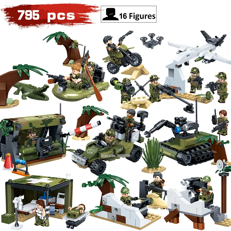 

seal Full type force 8in1 Small scene composition Large military Scenes compatible legoinglys Blocks ww2 795 pcs 16 figures gift