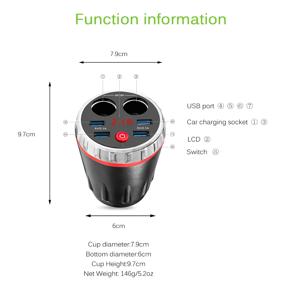 4 USB 5V Car Charging Kit Holder 2 Car Charger Socket Charging Cup 2.1A Port Universal Battery Test