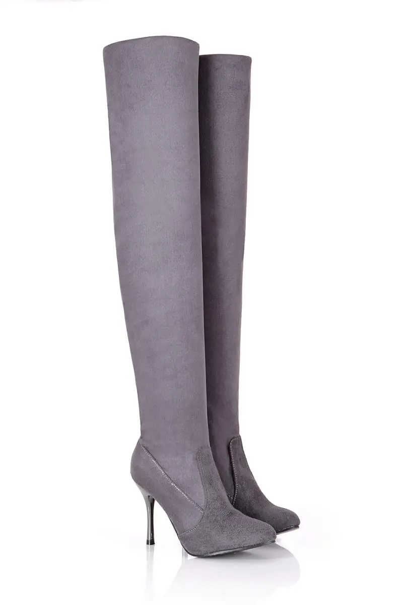 MORAZORA/Большие размеры 34-43, новая модная обувь, ботфорты женские осенние флоковые сапоги на высоком тонком каблуке с острым носком черного цвета - Цвет: Серый