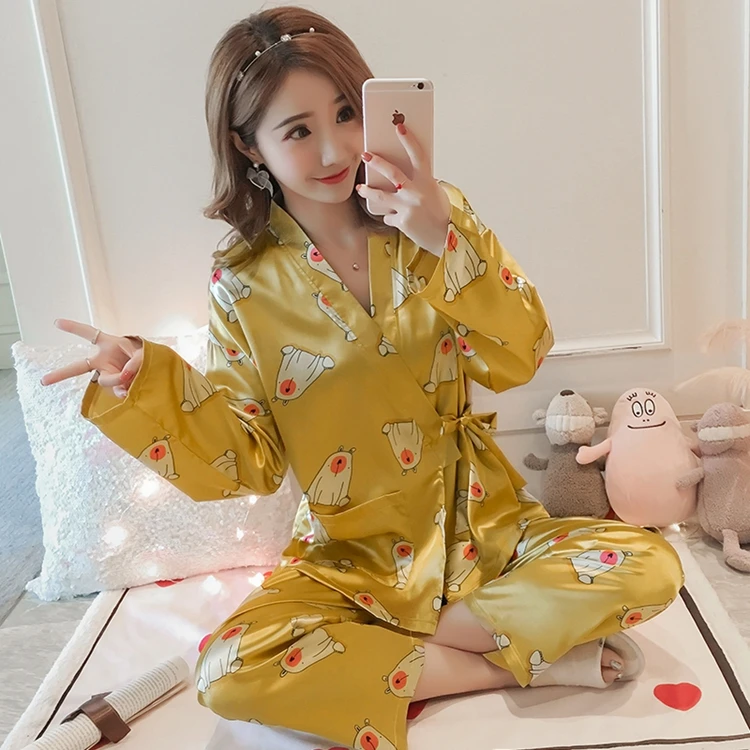 2018 новые осенние шелковые кимоно пижамные комплекты для Для женщин с длинным рукавом пижамы мультфильм печати Pijama Feminino Lounge Домашняя одежда