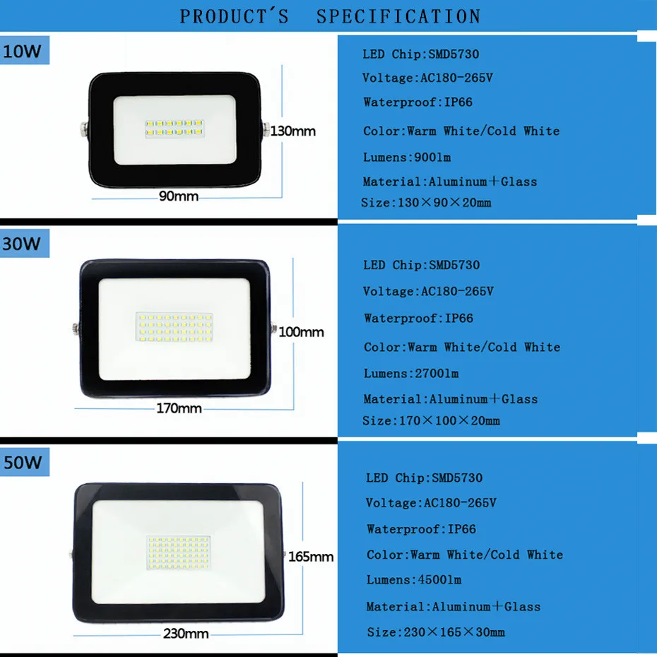 Светодиодный exterieur IP66 10 30 50 100 150 Вт прожектор отражатель AC180 265V SMD 5730 чип led 220