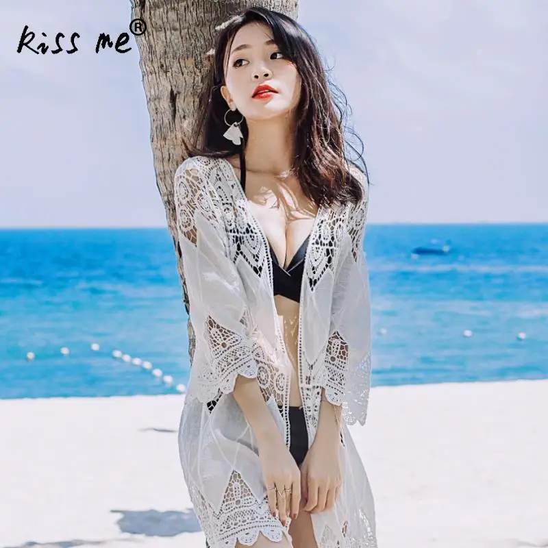 

White Cotton Swimming Cover Up Loose Sexy Bikini Cover Up Women Hollow Beach Wear Tunic Cotton Solid Long Sleeve Beach Suit
