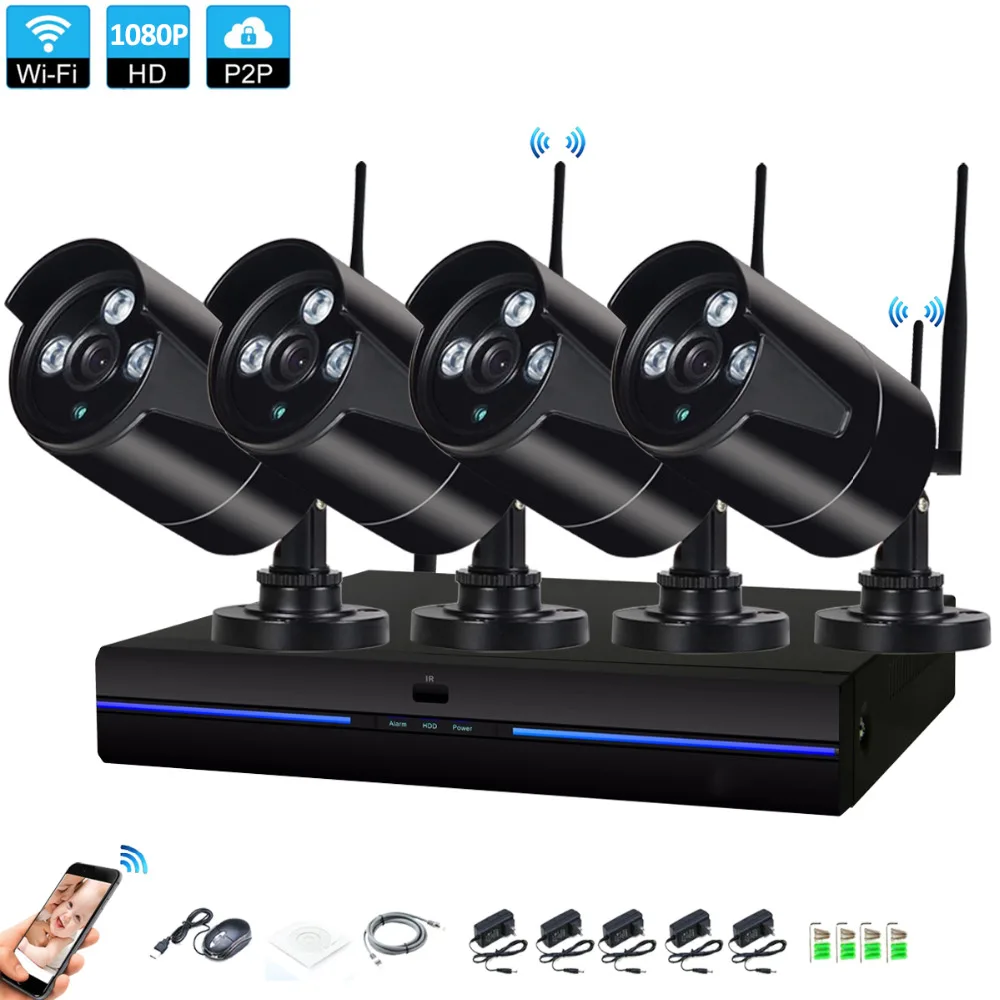 4CH CCTV Системы Беспроводной 1080 P NVR 4 шт 2.0MP черный Открытый indoor P2P Wi-Fi ip-cctv