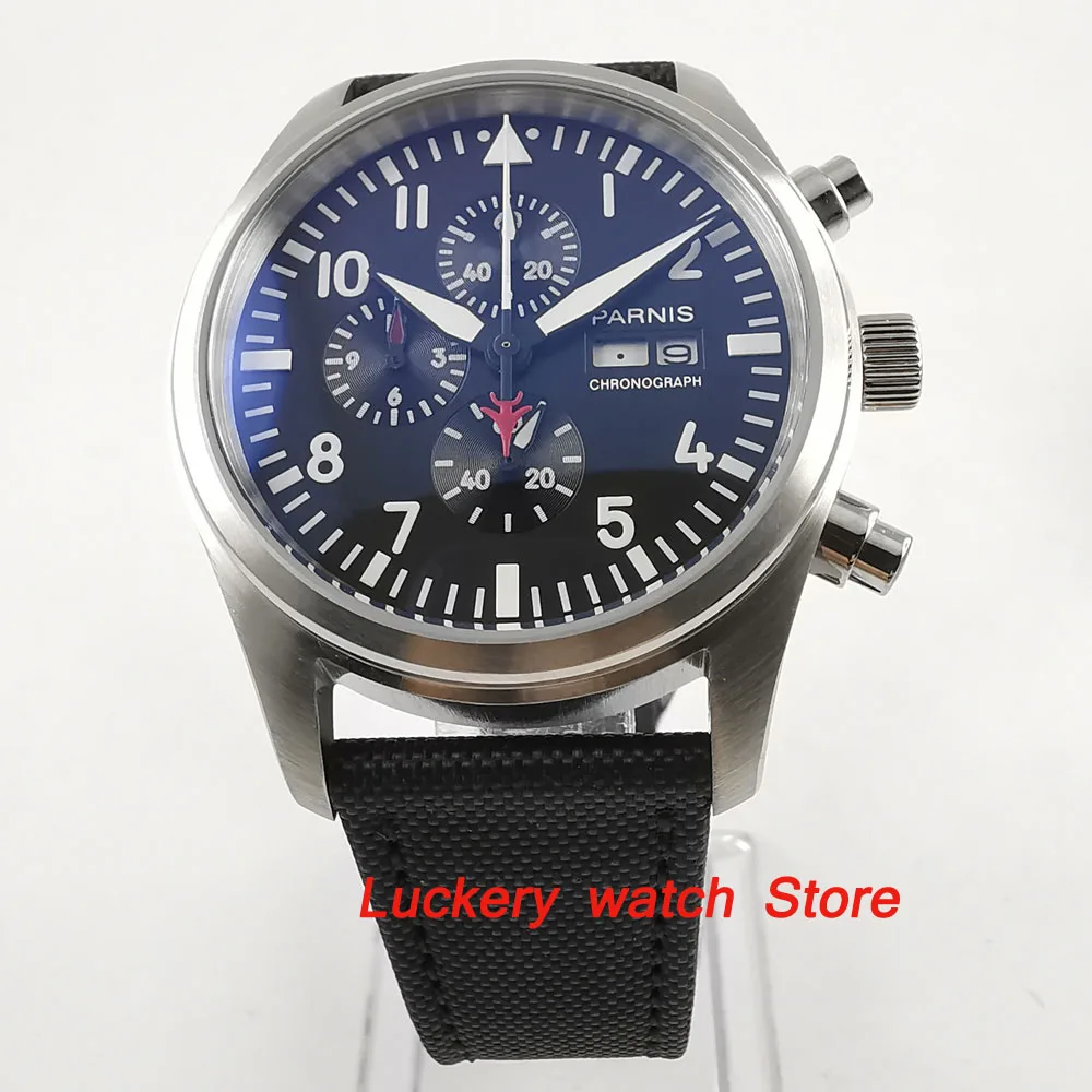 

Parnis 42mm black dial Full chronograph date week display white mark quartz Men's watch-PQ06