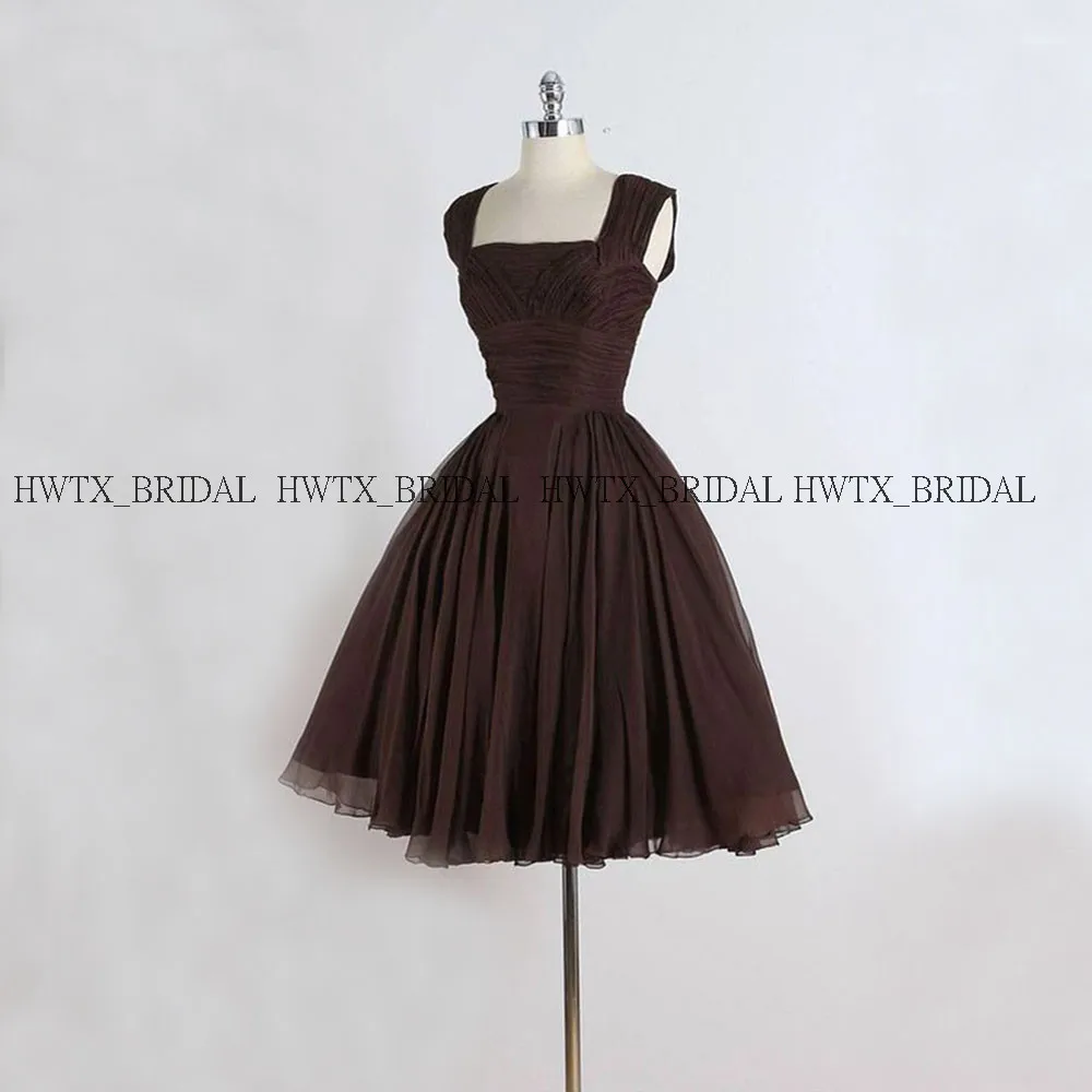

1950s Short Prom Dresses 2019 Brown Chiffon Pleats Square Collar Sleeveless A-Line Mini Prom Dress Cheap Homecoming Party Gowns