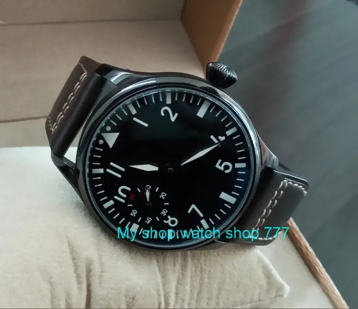 44 مللي متر PARNIS الأسود الهاتفي 17 جواهر الآسيوية 6497/3600 الميكانيكية اليد الرياح حركة ساعة رجالي PVD حالة الميكانيكية ووتش PA28-P8