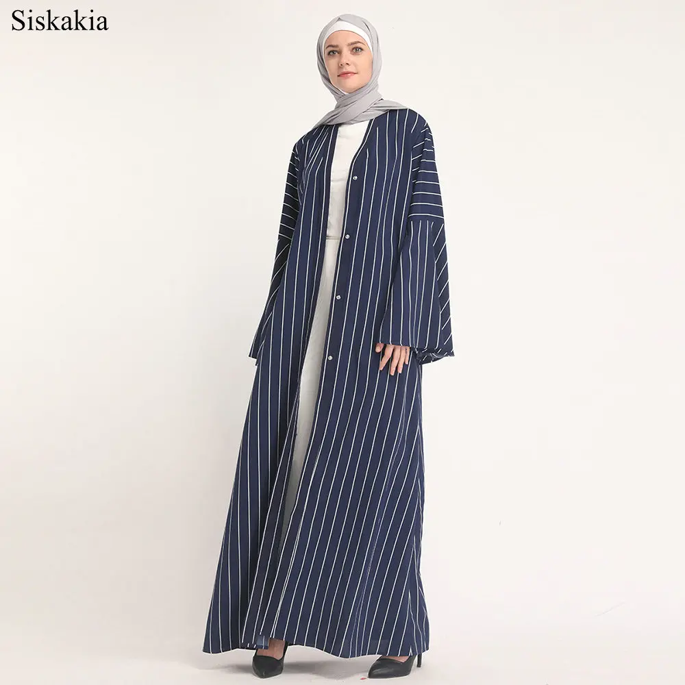 Siskakia Muslim Elegant Stripe Patchwork Single breasted Cardigan Robe Abaya Women Eid High Waist Flare Sleeve Slim Sashes Abaya (7)