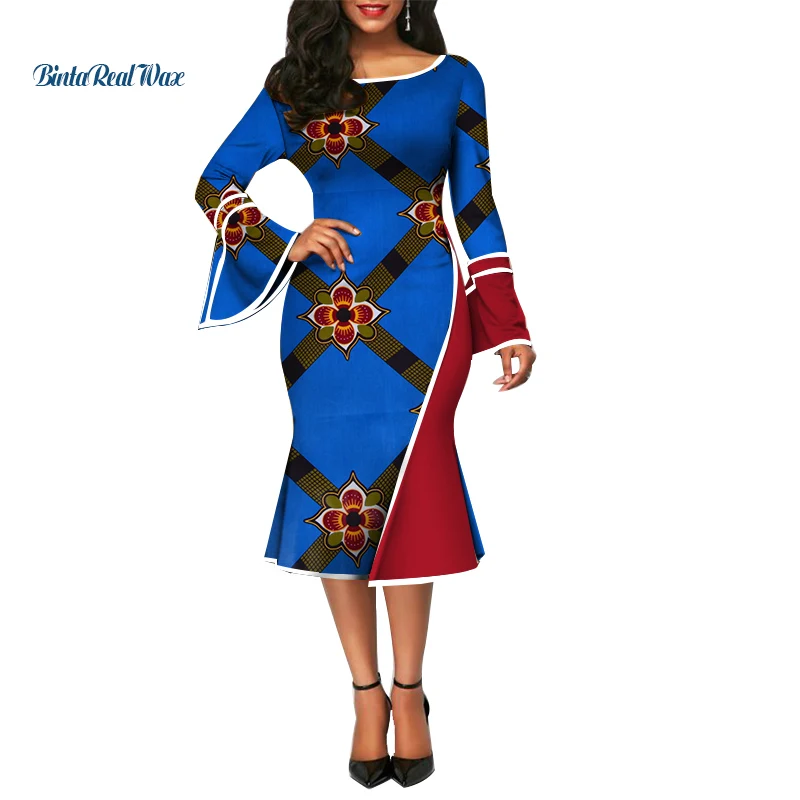 Африканский платья для женщин для Базен Riche воск принт Лоскутные платья африканская Дашики стиль Костюмы оборками рукавом WY3903