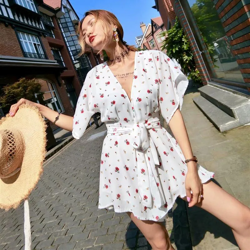 yinlinhe White Floral Playsuit Women Short Sleeve V neck Backless Sexy Summer Playsuit Slim Waist Bowknot Elegant Rompers 7