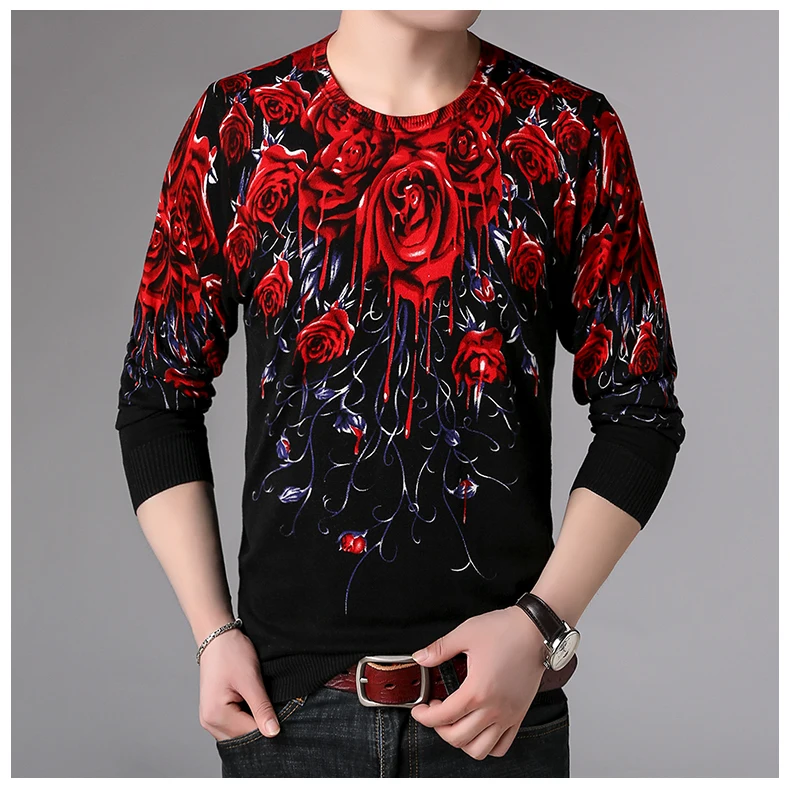 2018 Autumn Men Long Sleeve Sweater Malha Masculina Chompas Para Hombre Invierno Men Casual Rose Flower Sweaters Floral Knitwear (4)