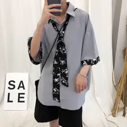 2019 Летняя мужская новая стильная Свободная рубашка с коротким рукавом с галстуком высококачественная одежда белый/черный цвет рубашки
