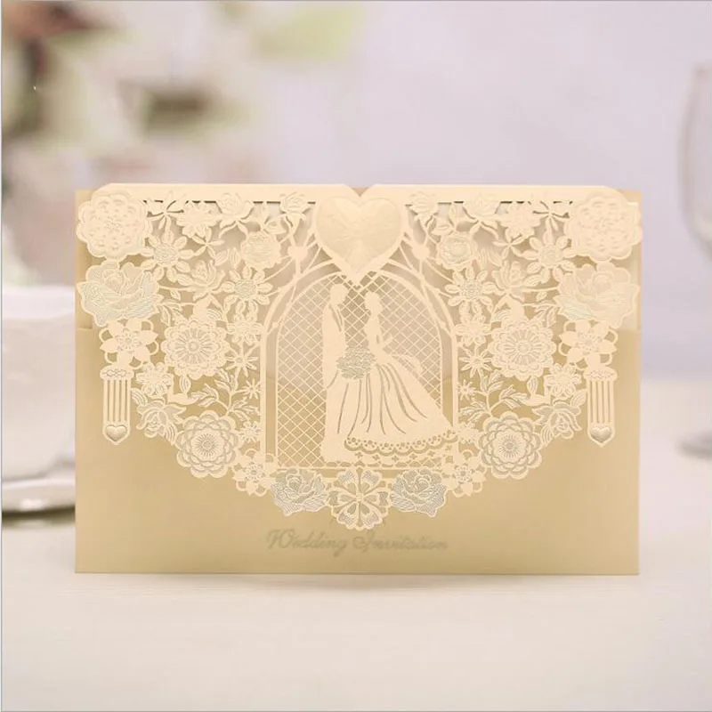 100pcs Gold Red White Laser Cut Wedding Invitations Card Bride and groom Greeting Cards Customize Wedding Party Favor Decoration