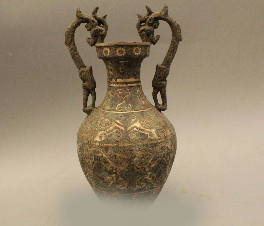 

DS 10" Ancient Chinese Dynasty Palace Bronze Silver Dragon Bird Flower Bottle Vase