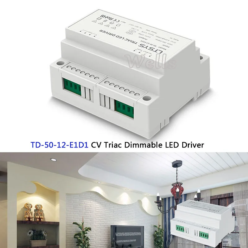 

TD-50-12-E1D1;200-240VAC input,Output 12VDC 4.2A 50W constant voltage intelligent Triac Dimmable LED Driver Triac Push Dim