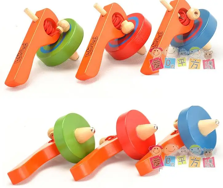 2pcs/pack big 6.5cm diameter children wooden spinning tops with handle