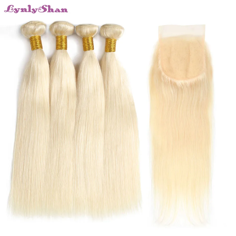 

Lynlyshan Human Hair 4 Bundles With Closure 613 Blonde Color Remy Hair Malaysian Straight Hair Weave Free Shipping