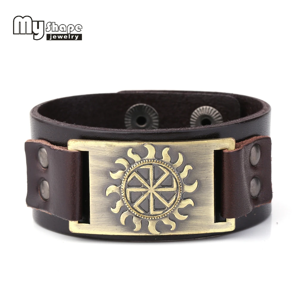 

My Shape Viking Bracelets Symbol of Sun Amulet Black Brown Rivet Genuine Leather Bangles Scandinavian Norse Vintage Jewelry