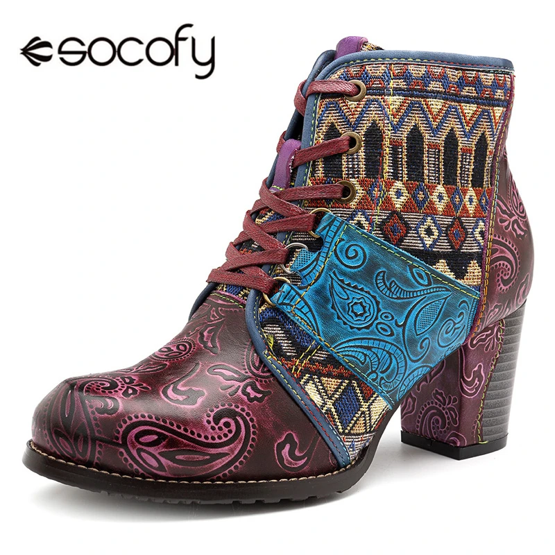 

Socofy Genuine Leather Handmade Ankle Boots For Women Shoes Woman Block Heels Vintage Knight Women Boots Winter Autumn Botas New
