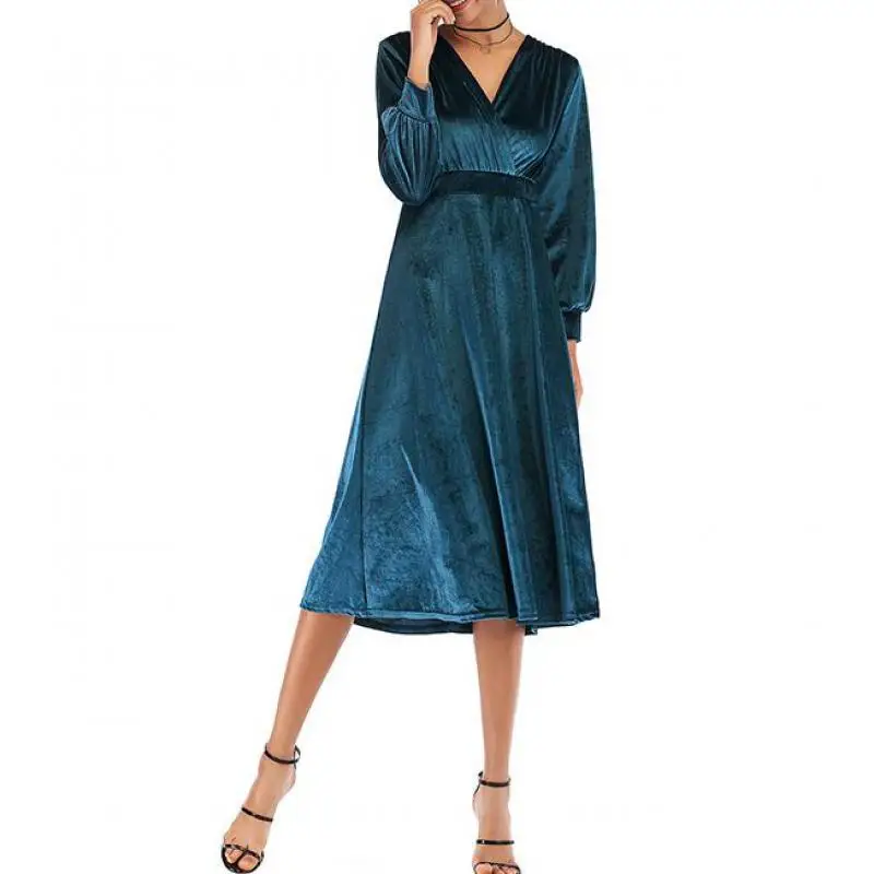2019 Spring Autumn Fashion V Neck Hihg Waist 3 Solid Color S-xl Velvet Women Mid Dress Jl-bfz001 | Женская одежда