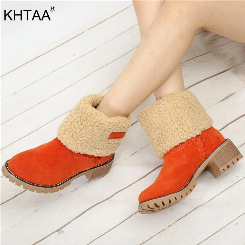 

Women Ankle Boots Winter Fur Warm Snow Boots Ladies Chunky High Heels Fashion Plus Size Plush Slip On Comfortable Shoes Drop