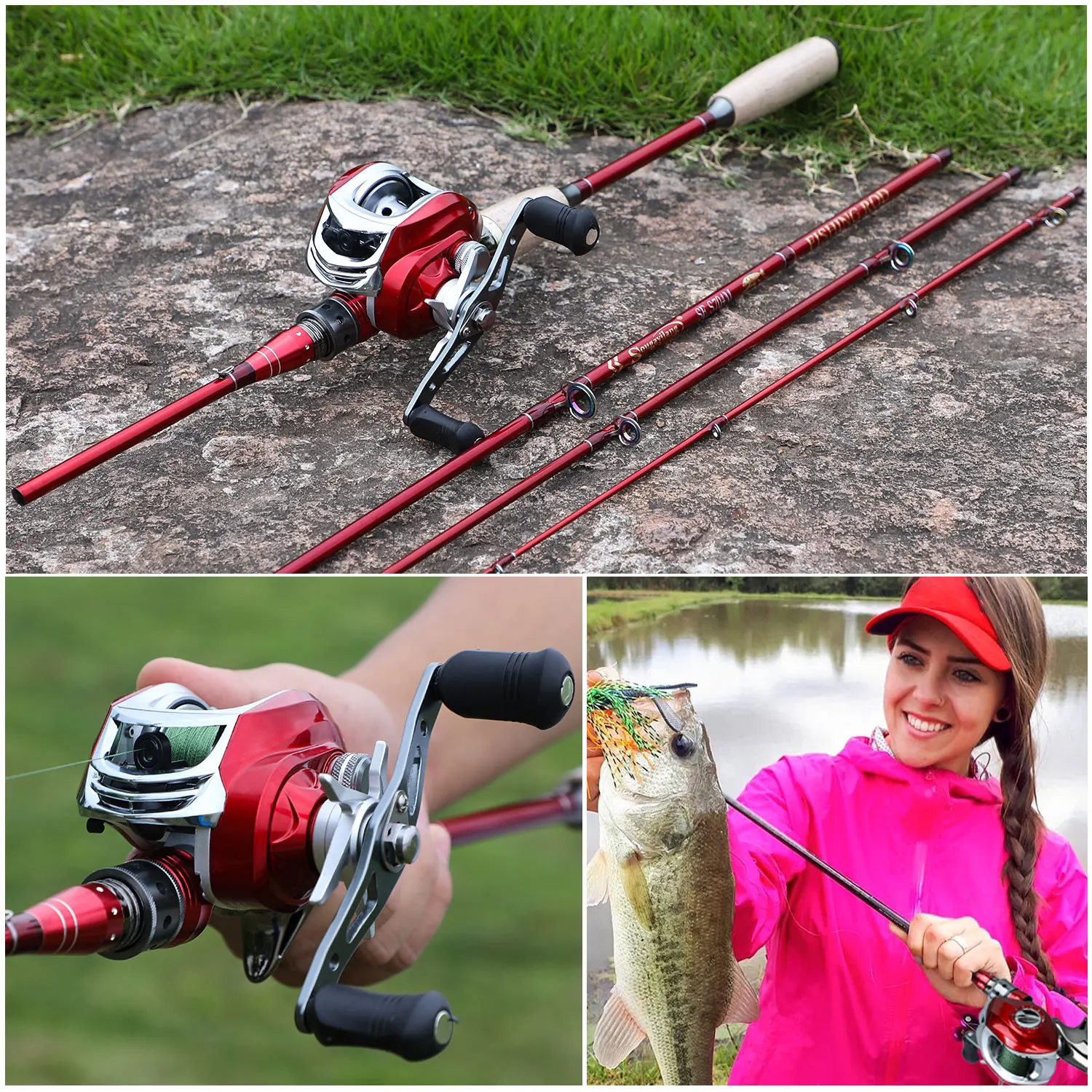 Sougayilang Baitcsting Rod Full Kit 4 Section M Power Carbon Fiber Casting Reel Set 100M Fishing Line Lures Hooks Combo Pesca