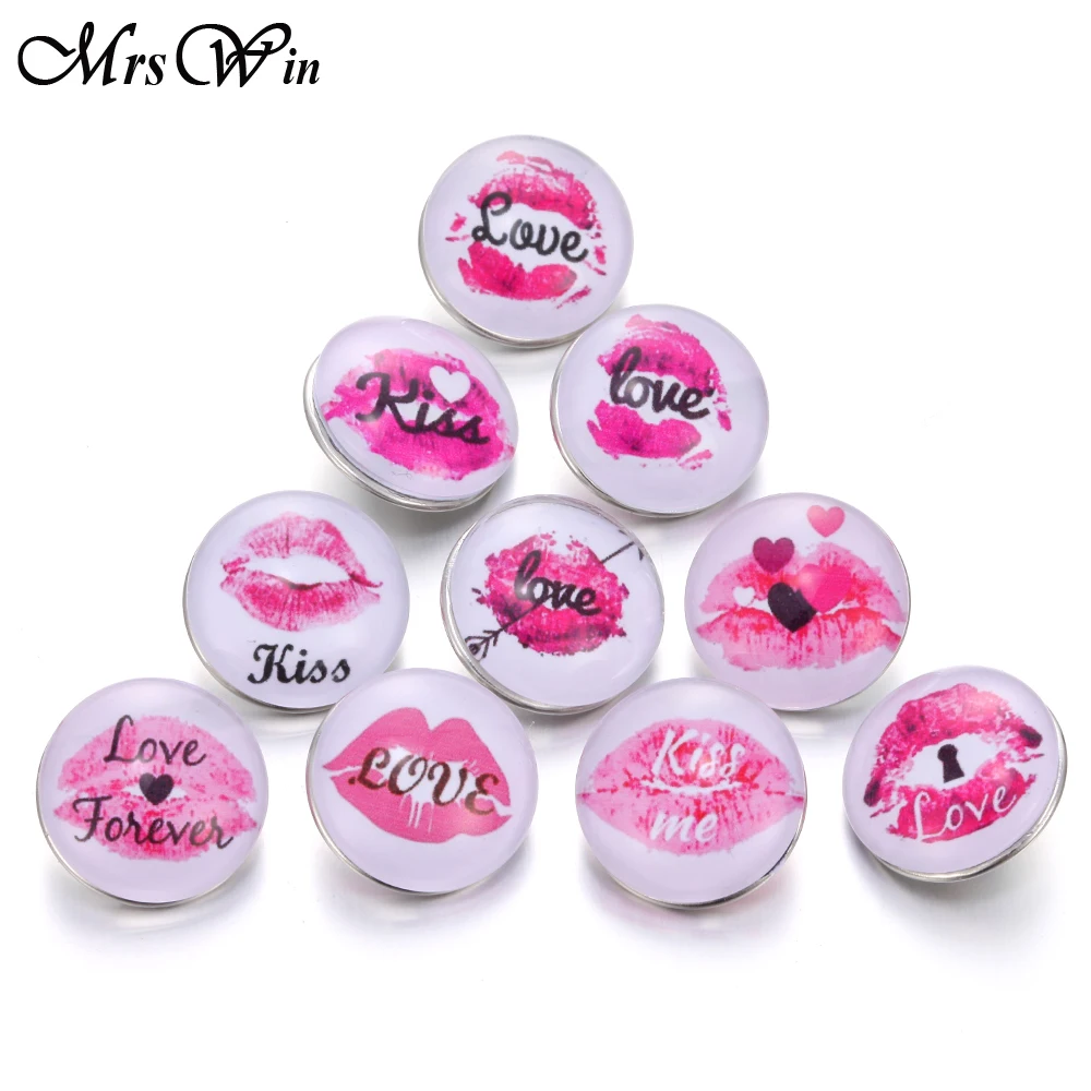 

10pcs/lot New 20MM Snap Buttons Sexy Lips Series Glass Snap Button 18MM Snap Bracelet for Women Girls Accessories