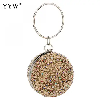 

Women Golden Diamond Clutch Party Metal Crystal Evening Bag Wedding Bridal Shoulder Handbag Wristlets Clutch Round Ball Purse