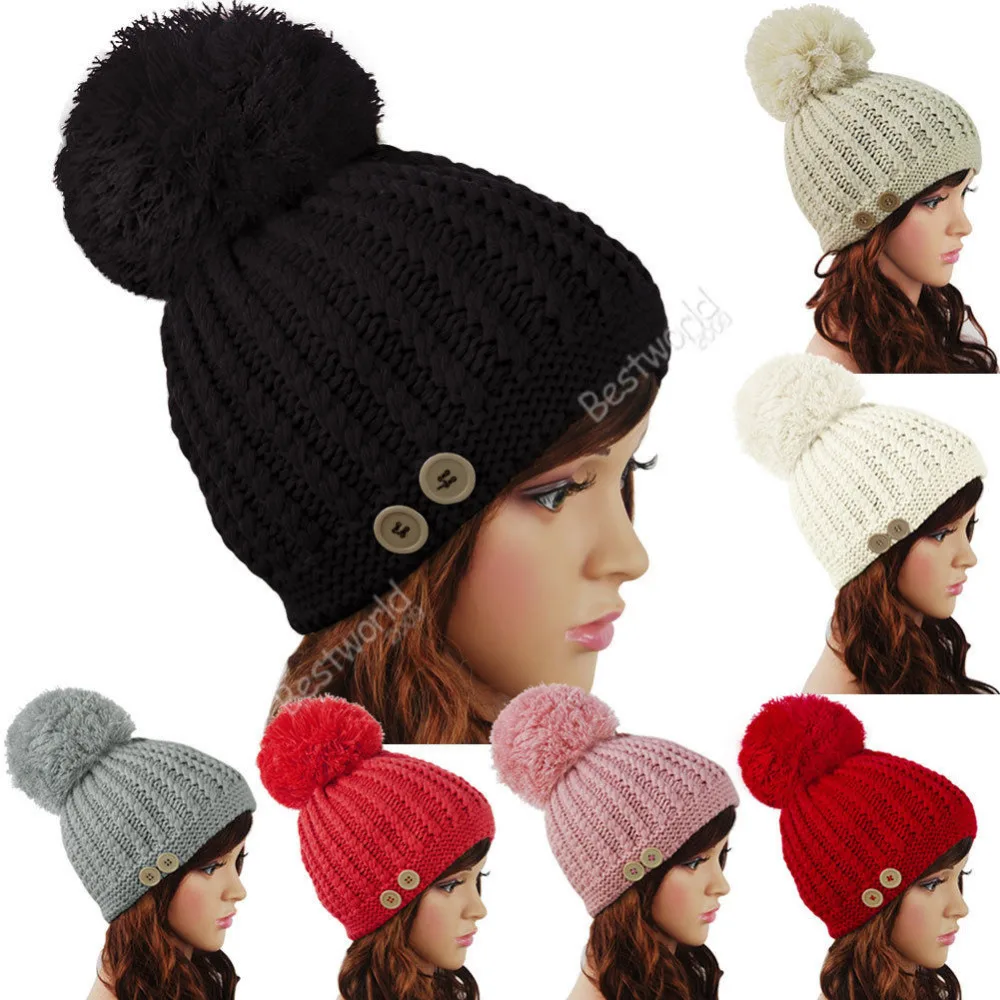 

2015 Fashion Style New Ladies Womens Girls Warm Chunky Knitted Button Bobble Hat Beanie 8 Colors a2