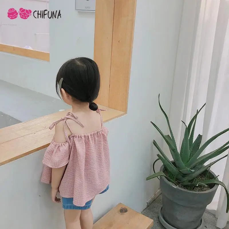 

chifuna New Fashion Summer Pink 1-4 Years Old Lace Sweet Strapless Shoulder Kids T-shirts Children's T-shirts Girls T-shirts