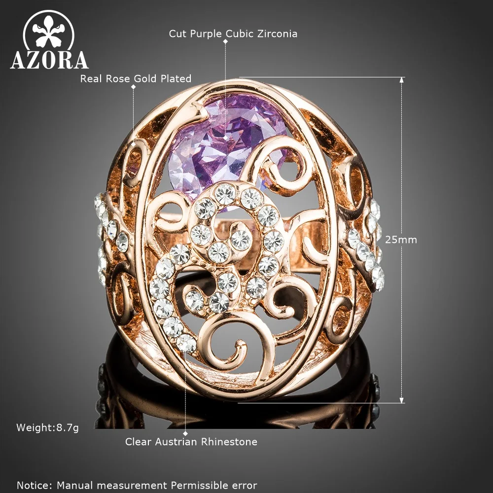 AZORA Rose Gold Color Geometric Ancient Pattern Purple Zirconia Finger Rings for Women Wedding Engagement Jewelry Gift TR0221