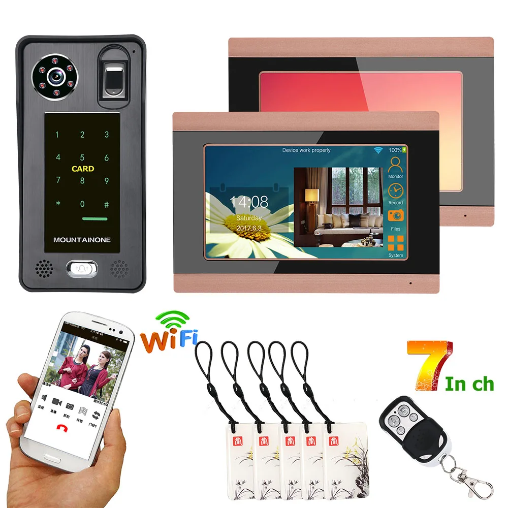 2 Monitors 7inch Wired Wifi Fingerprint IC Card Video Door Phone Doorbell Intercom System with Door Access Control System,Suppo