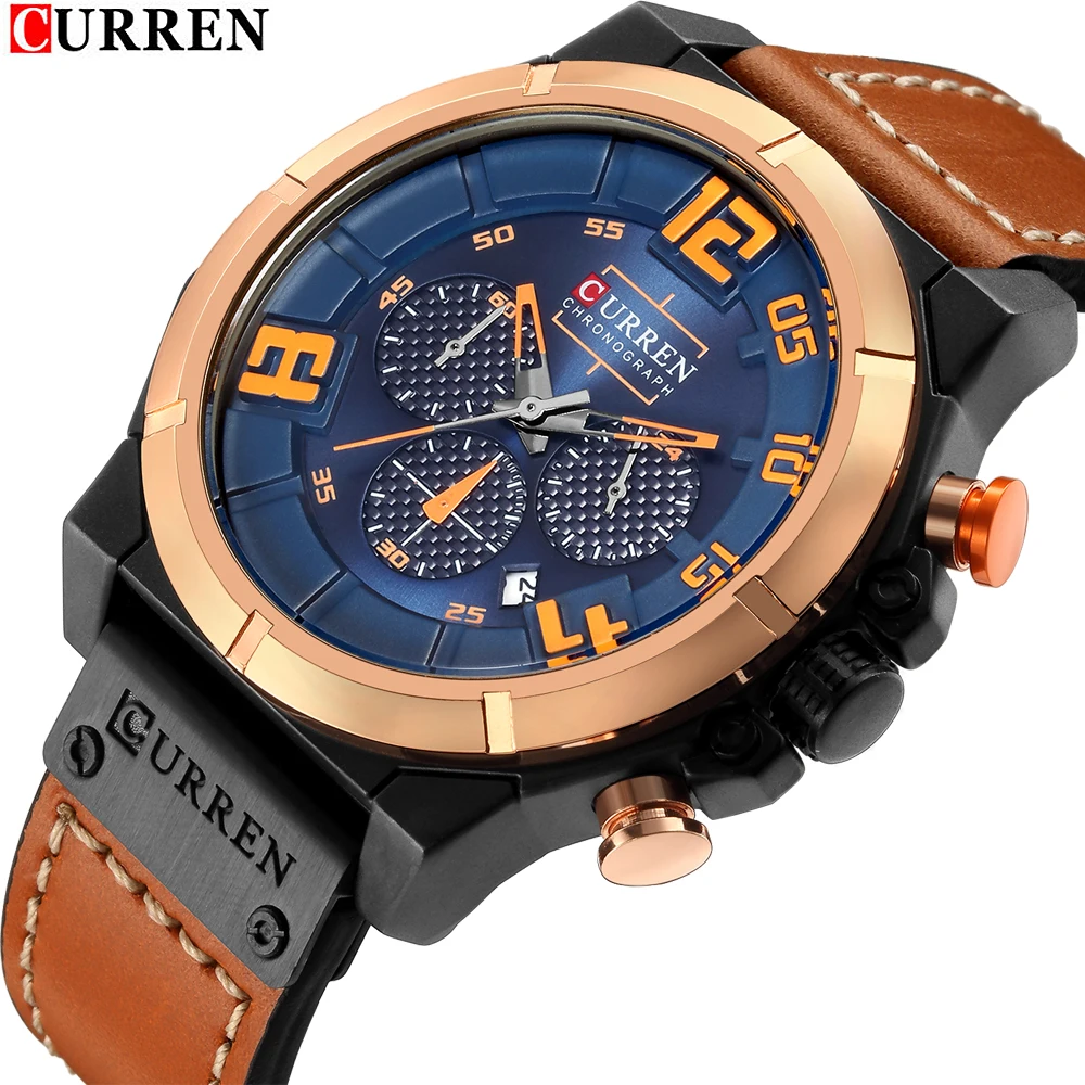 CURREN Top Brand Men's Fashion Sports Military Watches Chronograph Leather Mens Quartz Wristwatches Waterproof Relogio Masculino
