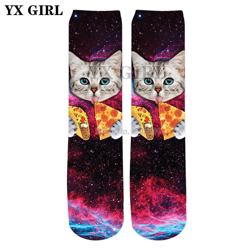 

YX GIRL 2018 summer New Fashion Galaxy 3d socks DC Cat Eating Taco And Pizza Print Men/Women Street casual Sock SC80