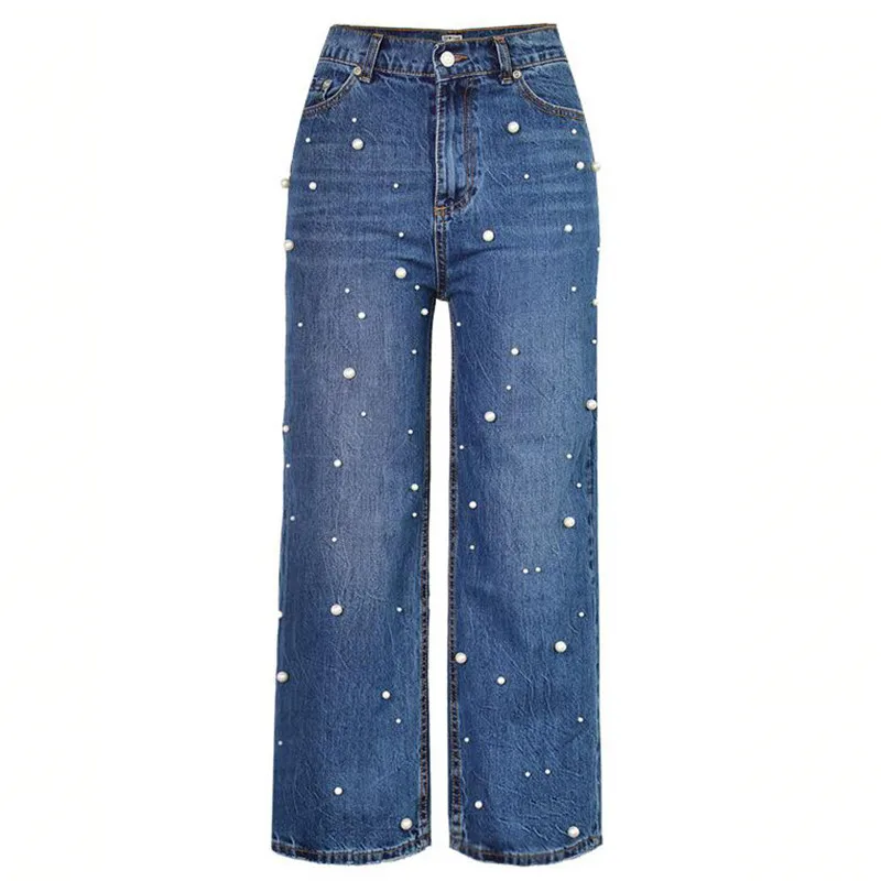 MORUANCLE Fashion Women's Wide Leg Jeans With Pearls High Waist Straight Flare Denim Pants Lady Baggy Beaded Bell Bottom Jeans