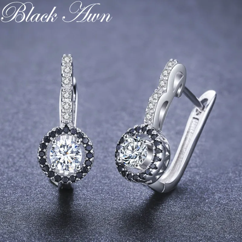 

Black Awn Vintage Genuine 925 Sterling Silver Engagement Hoop Earrings for Women with Black&White Stone Jewelry Bijoux TT001