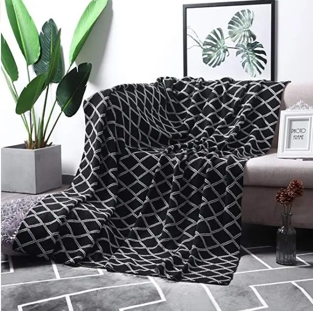 100% хлопок черный кабель вязать пледы одеяло для дивана кровать диван стул, черный, белый цвет в полоску Реверсивный декоративные
