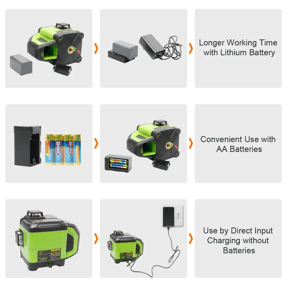 Billig Huepar Elektronische Selbst Nivellierung 3D Grüne Strahl Laser Level 3x360 Kreuz Linie Drei Flugzeug Nivellierung Ausrichtung  Dual Hang Funktion