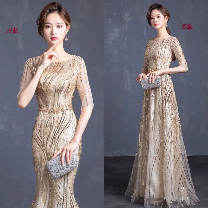 

Sexy Slim Champagne mesh gold glitter fishtail skirt Dress Improved Cheongsam Chinese style Evening Dress Vestidos Size S-3XL