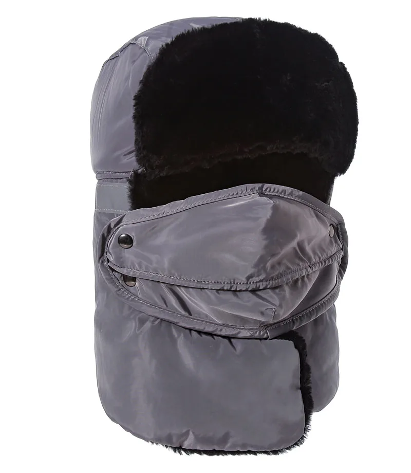 Зимние меховые шапки защищающие от ветра толстые теплые зимние женские шапки маска для лица Мужская ушанка шапка для русской экстремально холодной погоды - Цвет: Серый