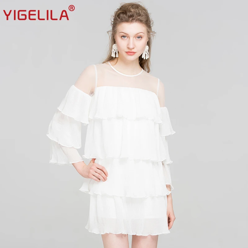 Белый YIGELILA новейшее женское белое платье с оборками модное однотонное с круглым вырезом три четверти расклешенное платье длиной до колена Сетчатое прямое платье 63494 - Цвет: Белый
